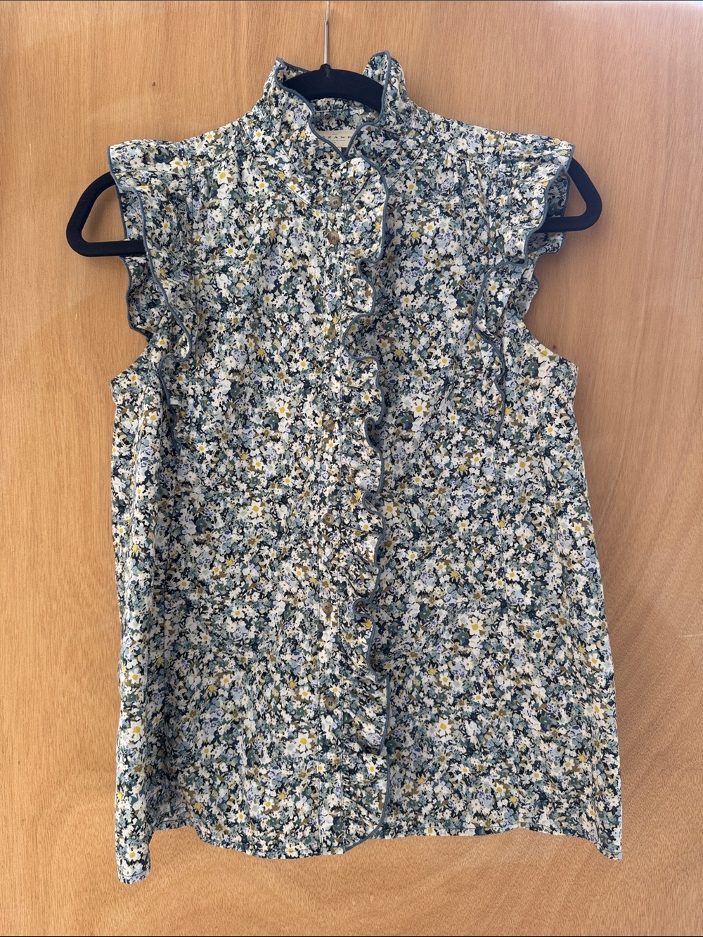 Sezane Sleeveless Ruffle Floral Shirt
